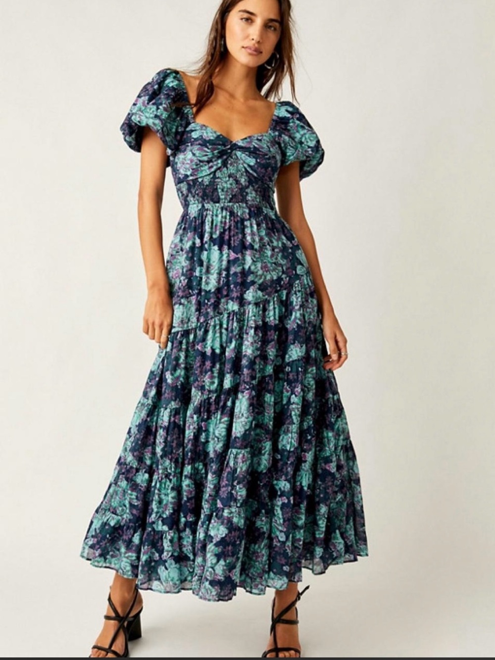 Free People Navy & Teal Floral Puff Sleeve Maxi Dress